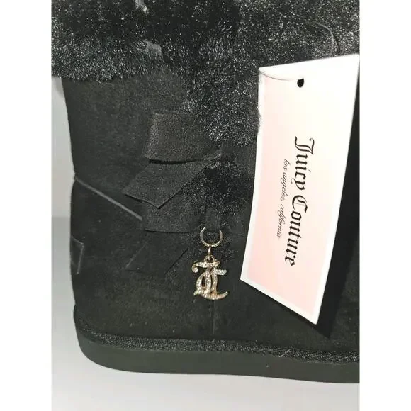 NWT! Juicy Couture Kodak Boots Girls Faux Fur With Bows Black Size 5M